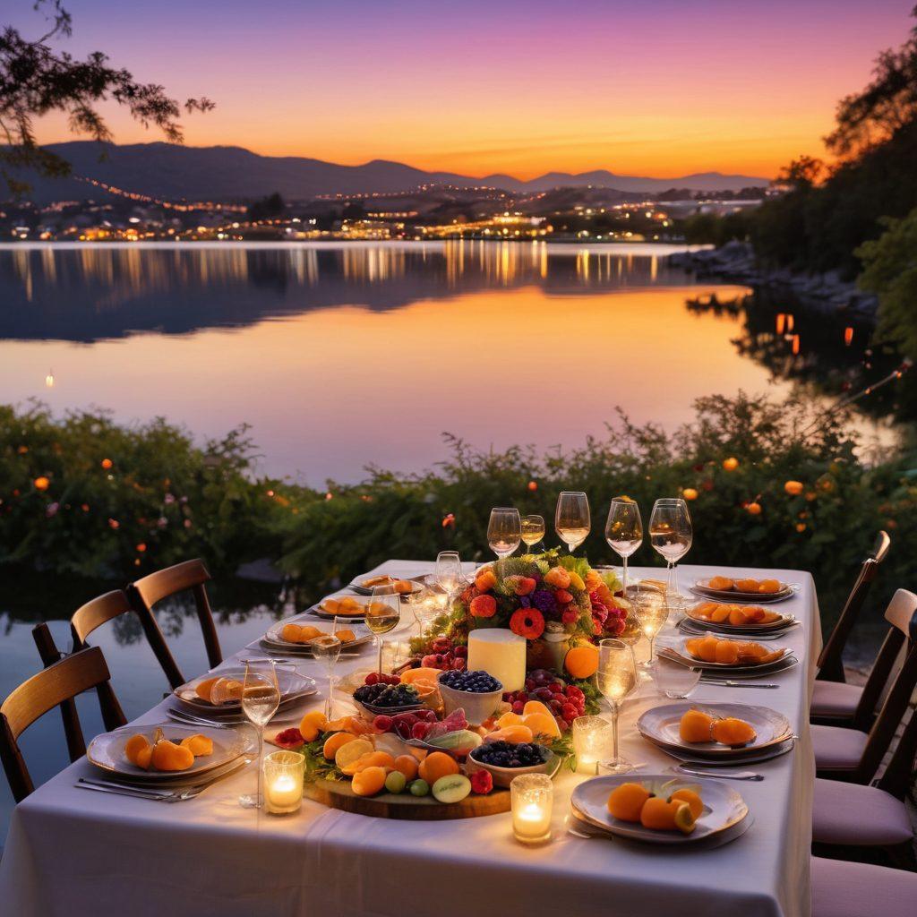 A beautifully laid outdoor table adorned with various wine glasses, colorful wine bottles, and a spread of gourmet cheeses and fruits under softly twinkling fairy lights. In the background, a serene lakeside view captures a sunset sky filled with warm oranges and purples. Guests can be seen laughing and toasting with glasses raised, embodying a warm, joyful celebration. super-realistic. vibrant colors. romantic atmosphere.