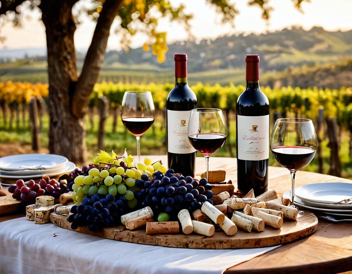 A beautifully arranged dining table featuring an elegant wine setup, with a variety of wine bottles, colorful glasses filled with different wines, paired with gourmet dishes like cheese, fruits, and gourmet appetizers. The background showcases a cozy vineyard, illuminated by warm, golden evening light, enhancing a sense of anticipation for a tasting event. Include subtle details like tasting notes and decorative elements like grapes and wine corks scattered artfully. impressionistic style. warm colors. soft focus.