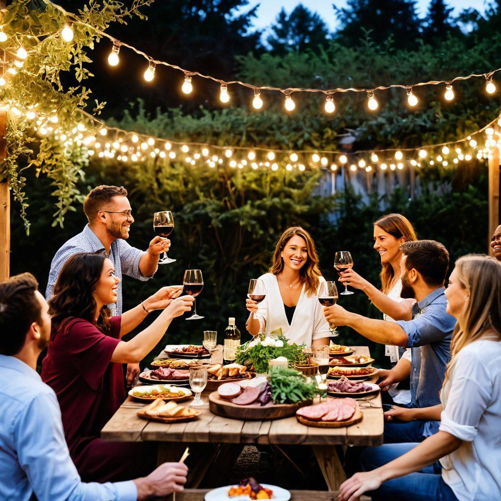 A vibrant scene of a lively outdoor wine gathering, featuring diverse groups of people toasting with glasses of red and white wine under string lights. Include picnic tables adorned with rustic decorations, plates of gourmet cheese and charcuterie, and lush greenery in the background. Capture the warmth, laughter, and sense of community, reflecting joy and celebration. super-realistic. vibrant colors. warm lighting.